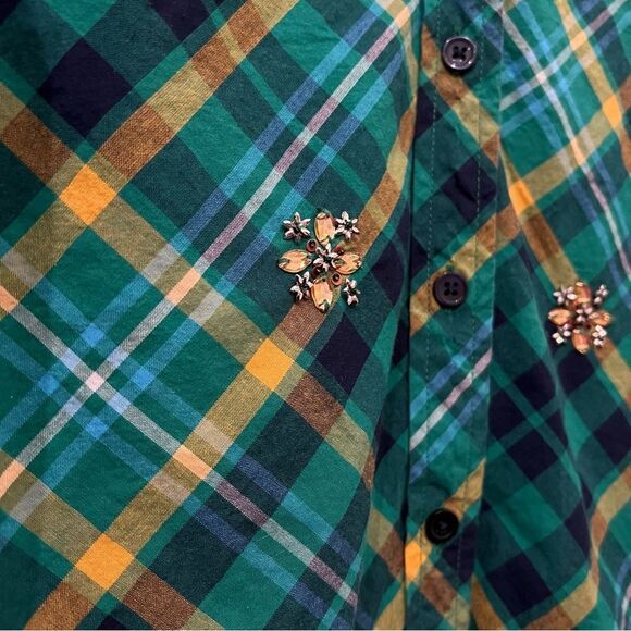 Kim Rogers Green Plaid Button Down Top with Rhinestone Embellishments Size 2X - Picture 6 of 12
